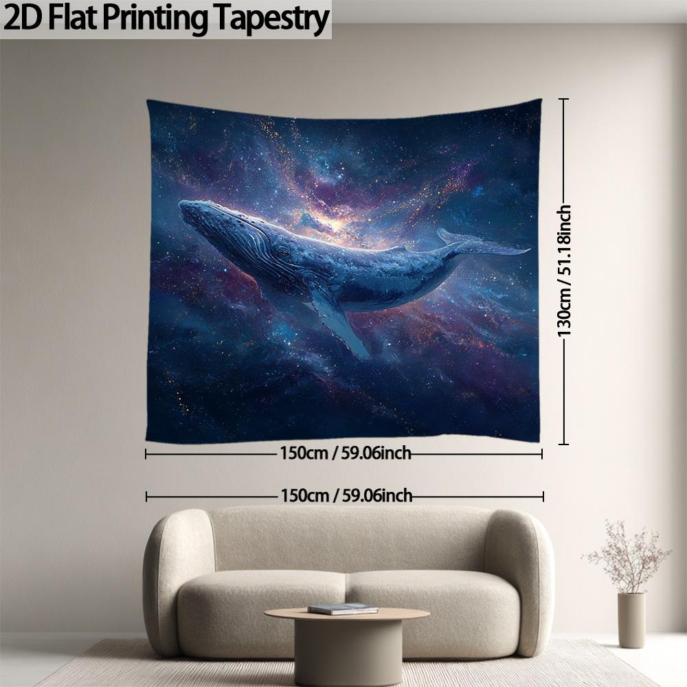 2D Flat Celestial Whale Wall Hanging, Deep Blue Cosmic Ocean Scene with Bright Whale and Starry Night Sky, Horizon, 1 Pc.
