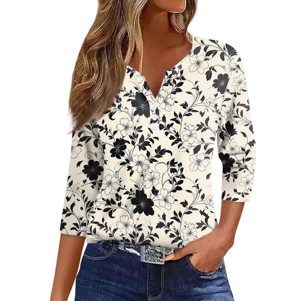 Dámské tričko s potiskem, knoflíky, 3/4 rukávy, pro každý den, na víkend, módní, základní, s výstřihem do V, běžný top