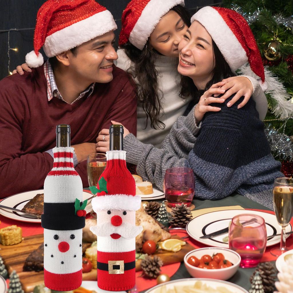 Christmas Wine Bottle Cover Knitted Santa Snowman Champagne Bottle Set Holiday Party Table Decor 2 Pack