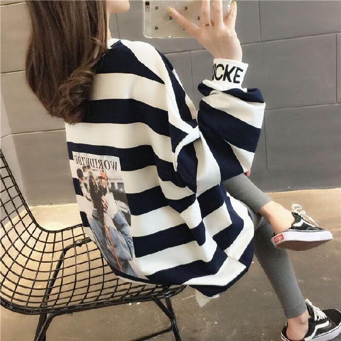 Fleece-Lined Striped Hoodie: Women's 2026 Winter Loose Fit, Mid-Length, Versatile Korean Style Trendy Top
