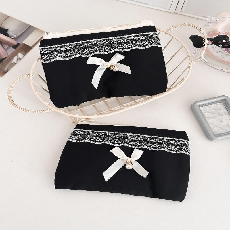 Black Lace Bow Makeup Bag Large Capacity Toiletry Bag Travel Cosmetic Organizer Cute Korean Portable Pouch For Women