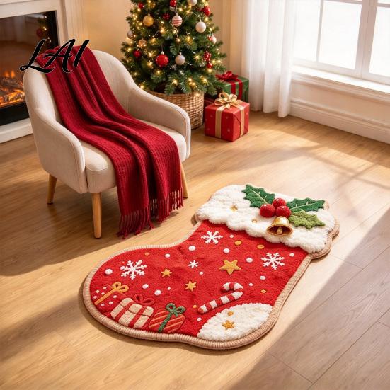 Easy Clean Decorative Rug Christmas Area Rug Plush Seasonal Bedside Gingerbread Man Tree Cute Stocking Shape Non-Slip for Bedroom Living
