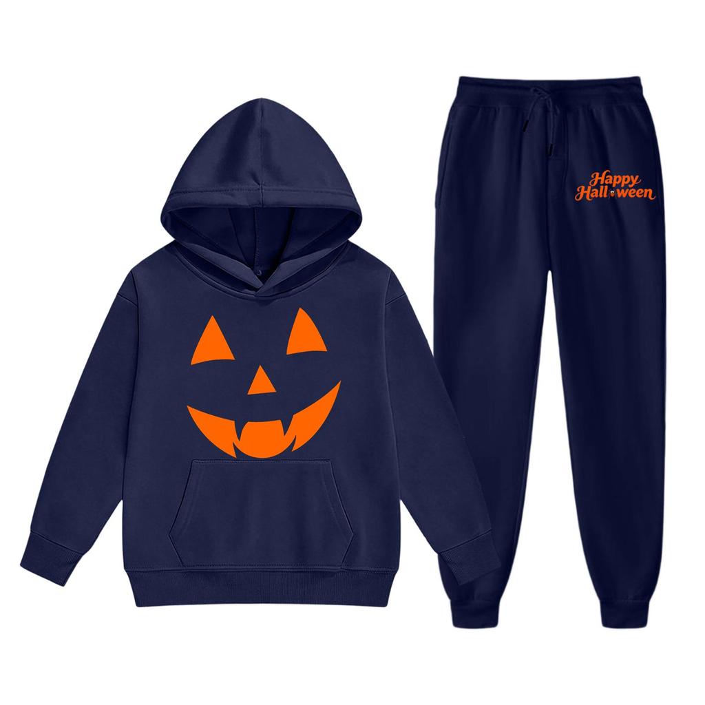 Kids Halloween Hoodie Set with Pumpkin Face Print Long Sleeve Pullover and Matching Pants Comfortable Fit Soft Fabric Suitable for Fall Season