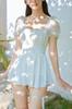 [PureAribon] Waist-Conscious Puff Sleeve One-Piece Figure-Flattening Swimsuit, TOKYO GOODS MARKET (Premium Short Sleeve/White with Blue Ribbon, XL)