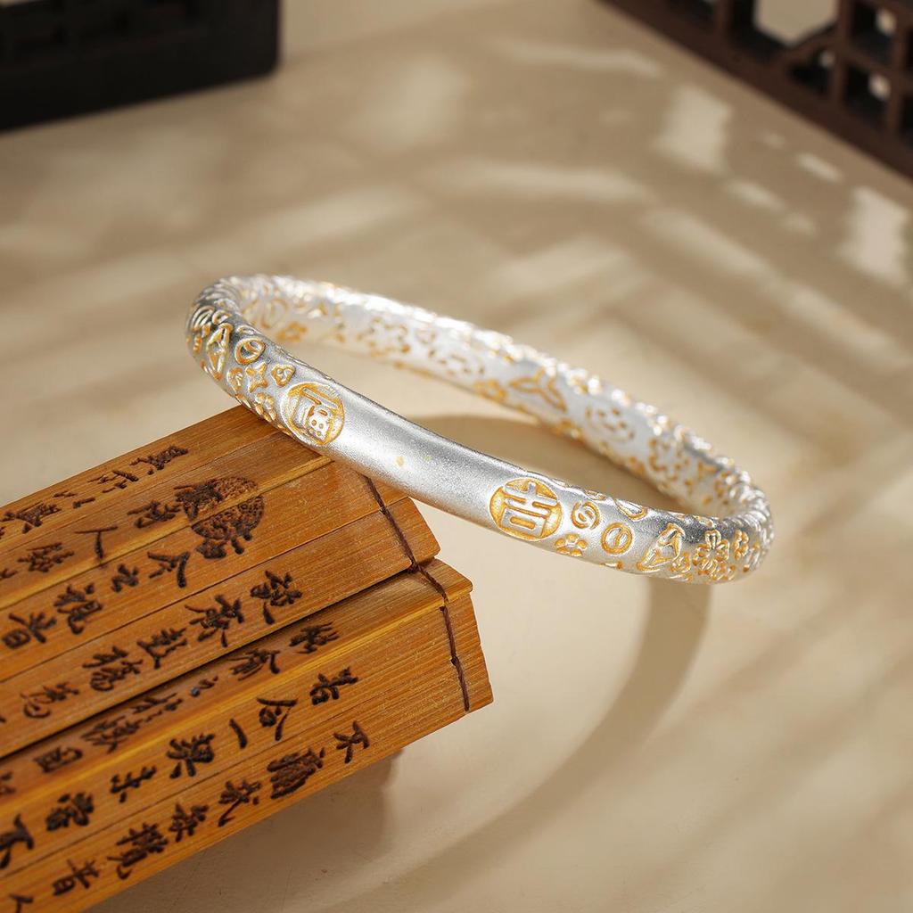 Silver-Plated Fortune Cat Bangle: Peace & Joy Fu Character Bracelet