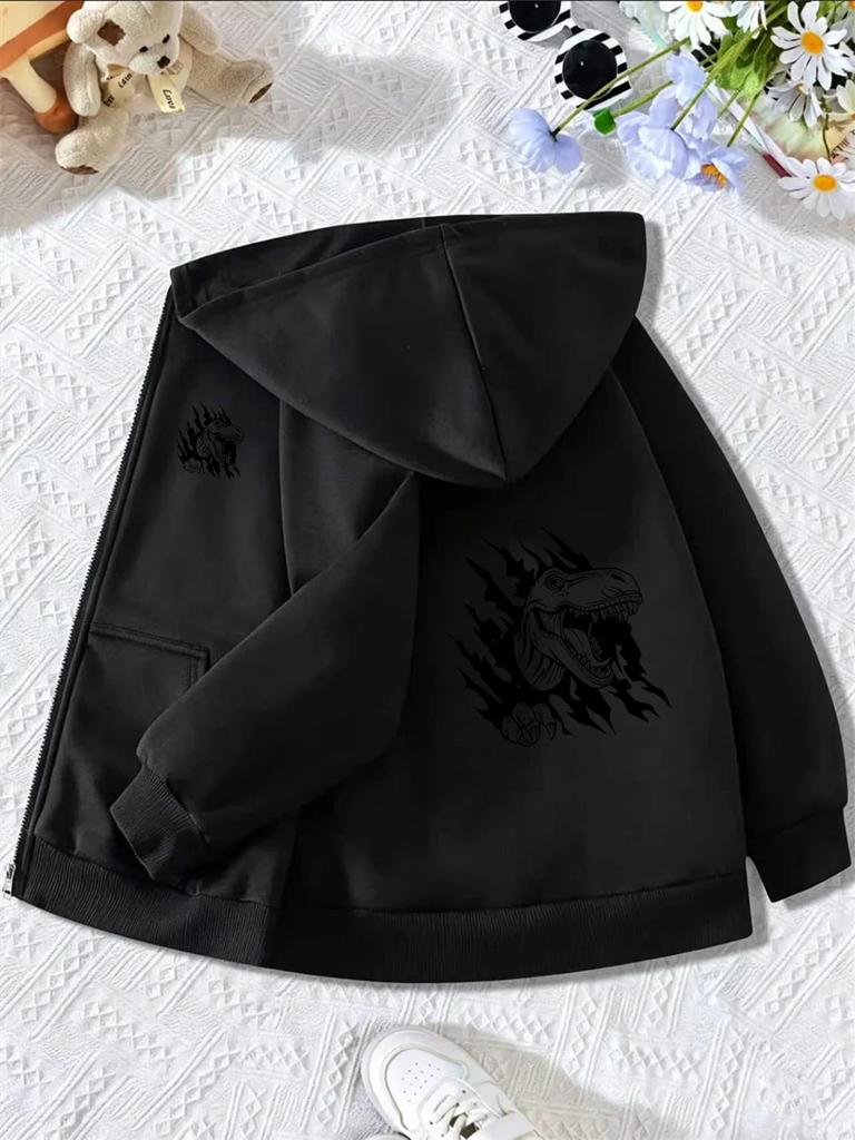 Kids Zip Up Hooded Jacket Flame T-Rex Dinosaur Graphic Long Sleeve Casual Street Hoodie For Boys Daily Outdoor Sport Outfit