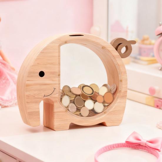 Wooden Elephant Piggy Bank Kids Coin Bank Savings Jar with Transparent Window Cute Unbreakable Money Box Birthday Gift for Boys Girls