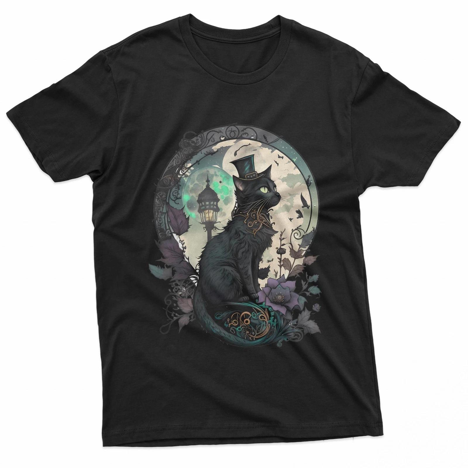 Steampunk Black Cat Wearing A Top Hat T-Shirt L
