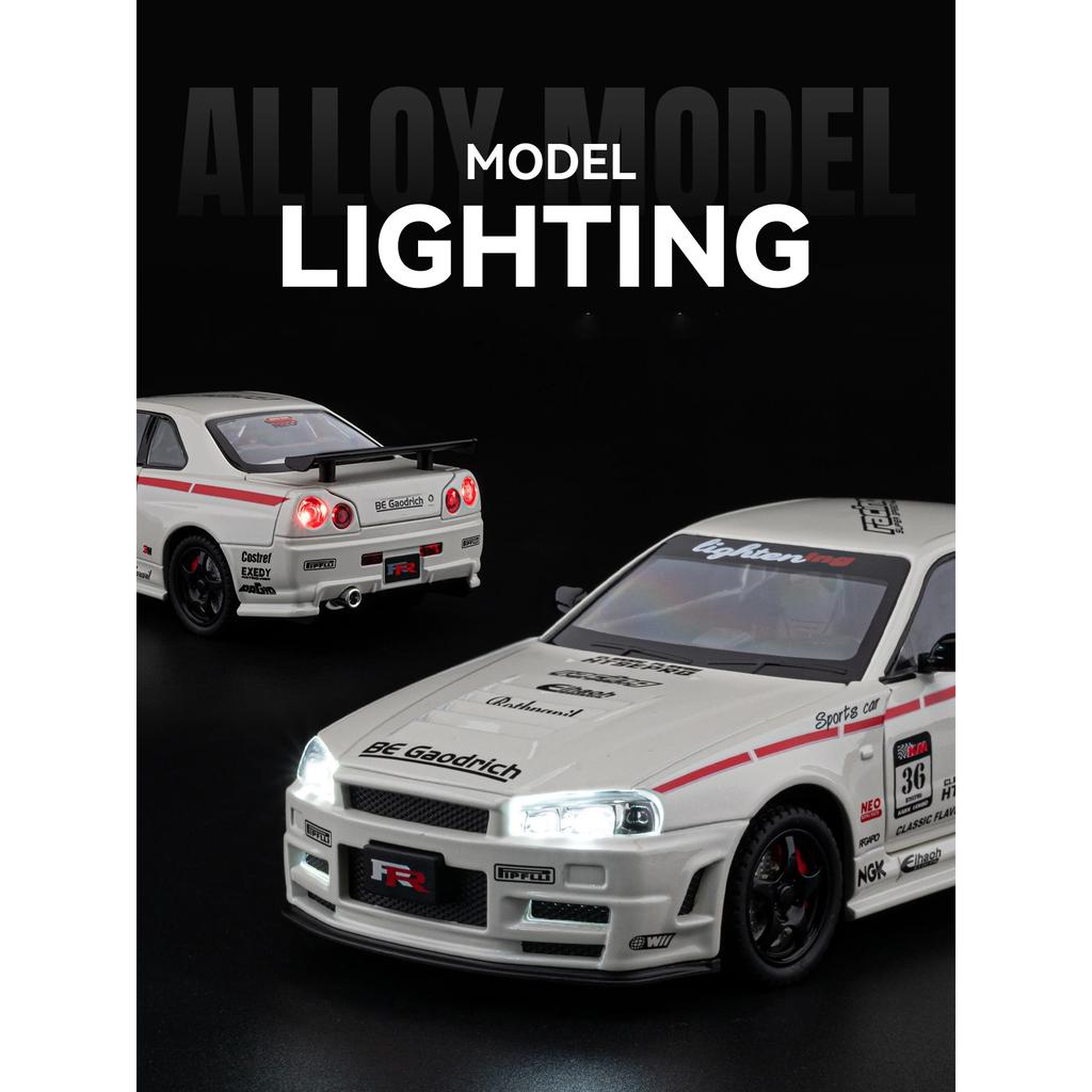 1/24 Nissan Skyline Ares GTR GT-R R34 Alloy Sports Car Model Diecast Metal Track Racing Car Vehicle Model Sound and Light Kids Toy Gift