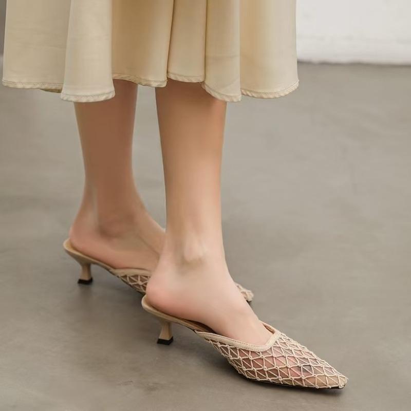 Mesh Lace Fashionable Women's Slippers 2025 Summer New Sexy and Elegant Pointed-toe Breathable Thin Heel Women's Shoes