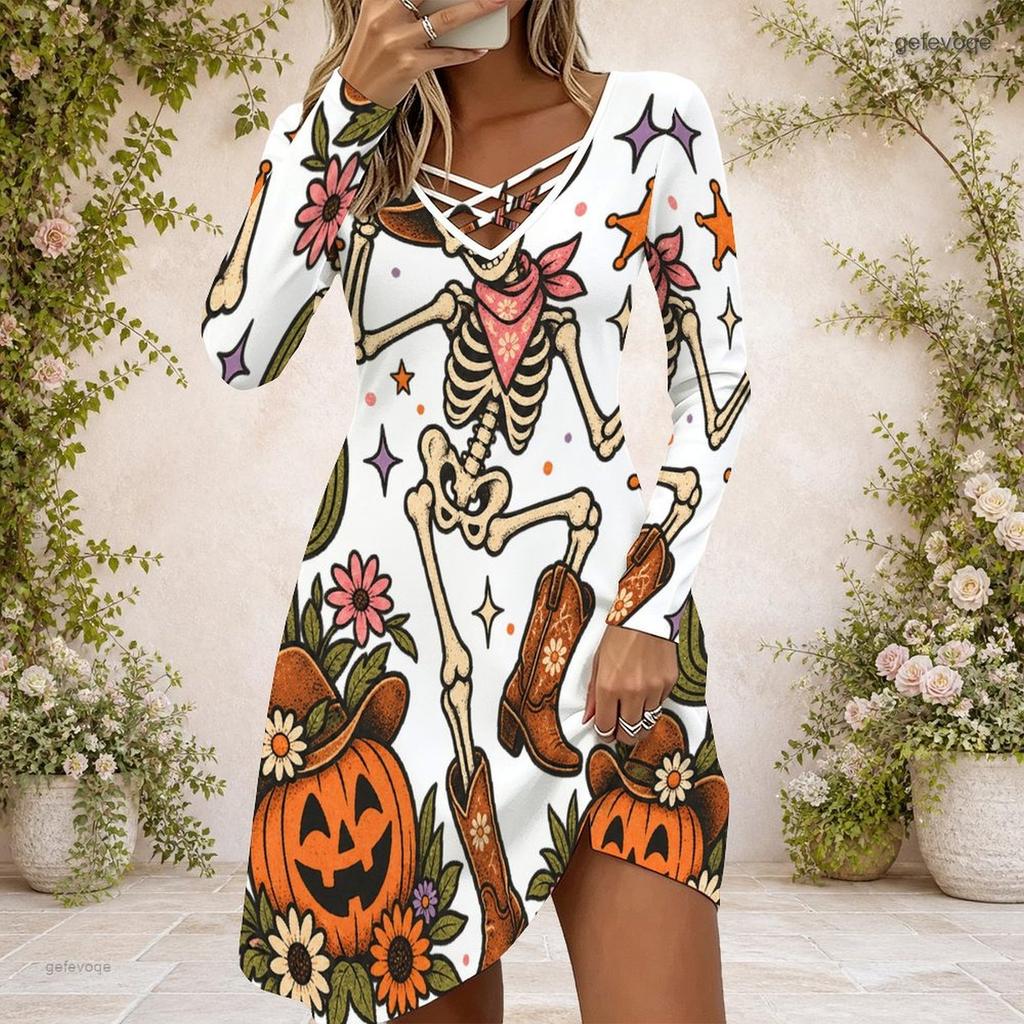 Women Criss Cross V Neck Long Sleeve Halloween Raccoon Witch Pumpkin Print Curved Hem Dress