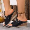 Women Sandals Casual Fashion Simple Metal Buckle Sandals Thick Heel Slip-On Shoes Women Large Size Cross-Border Slides Women