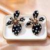 Black Flower Shaped Dangle Earrings White Faux Pearl Polka Dot Gold Tone Details For Parties Dates Daily Wear