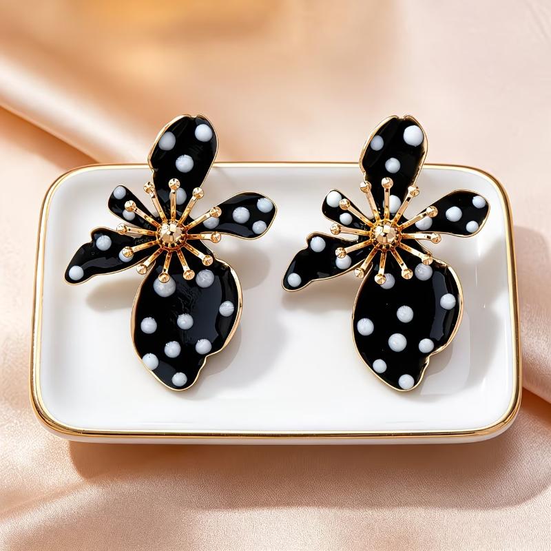 Black Flower Shaped Dangle Earrings White Faux Pearl Polka Dot Gold Tone Details For Parties Dates Daily Wear