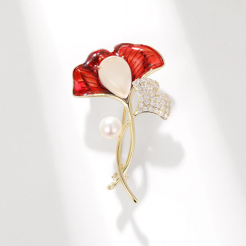 Bo Xin Yun Elegant Zircon Ginkgo Leaf Brooch with Freshwater Pearls and White Jade