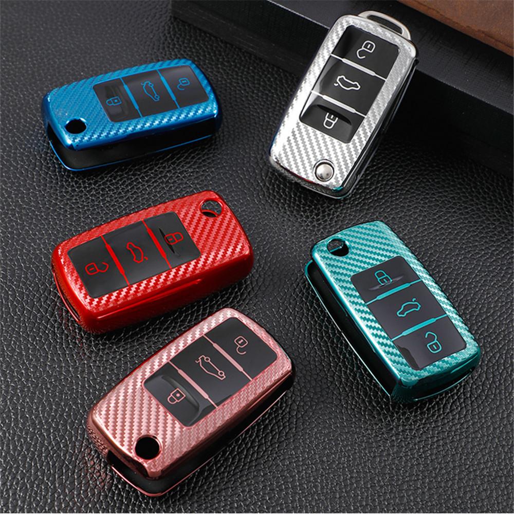 Carbon Fiber Car Key Cover Case Keychain For Vw Volkswagen Polo Golf Passat Beetle Caddy T5 Up Eos Tiguan Jetta Skoda Octavia A5