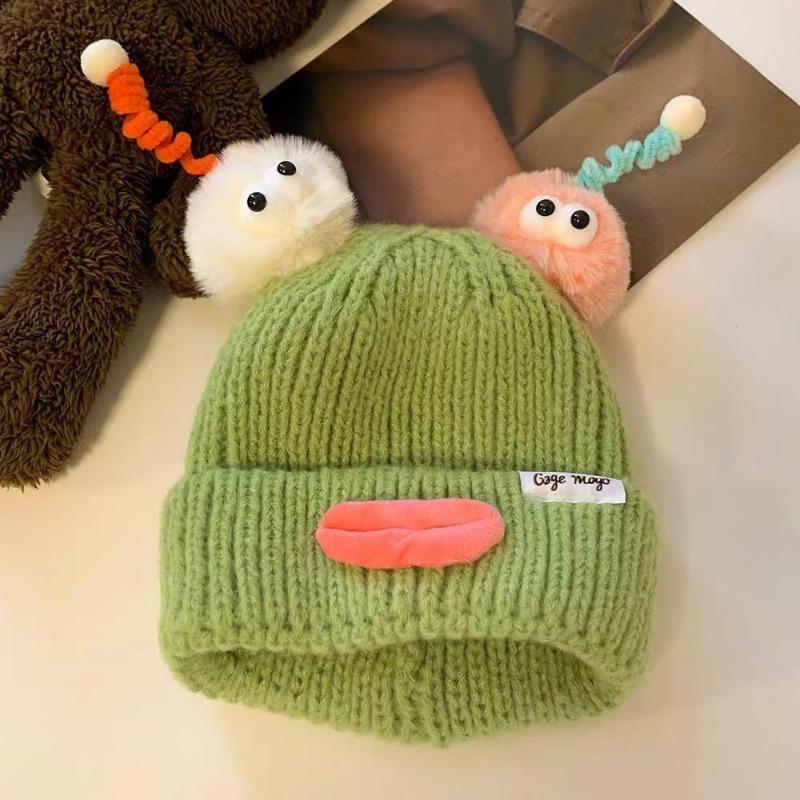 A Knitted Hat with Strange Colors and Novel Styles, Cute Autumn and Winter Children's Wool Ball Hat for Warmth Fun Creativity