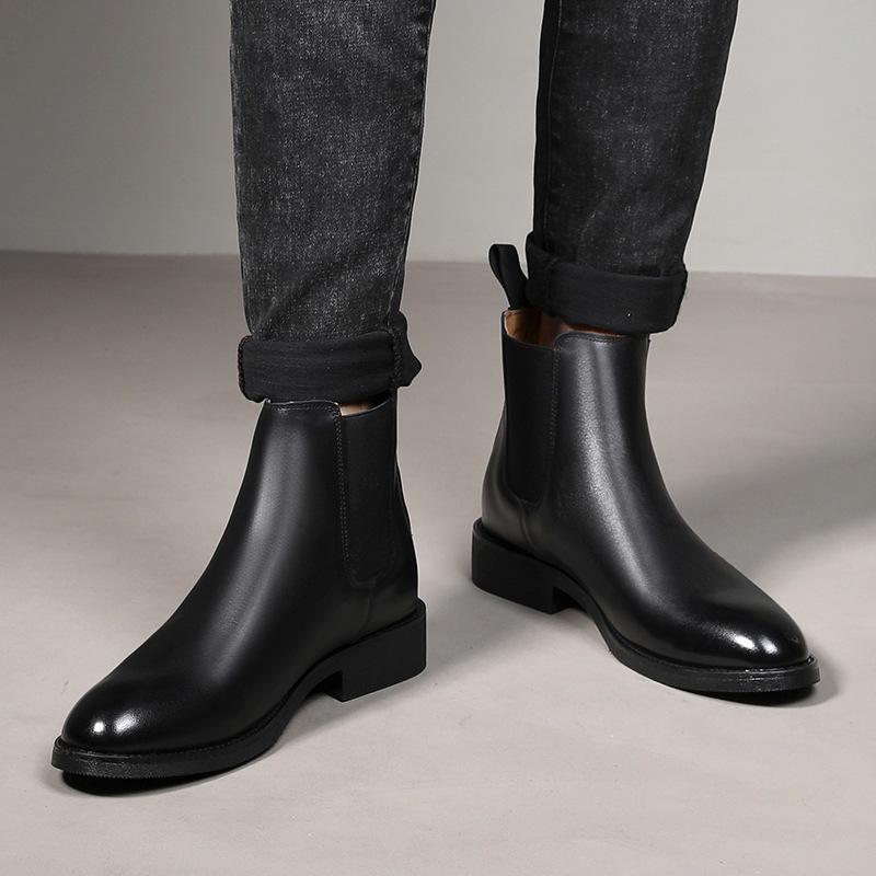 Men's Autumn High-Top Pointed Chelsea Boots - European & American Style Cowhide Slip-On