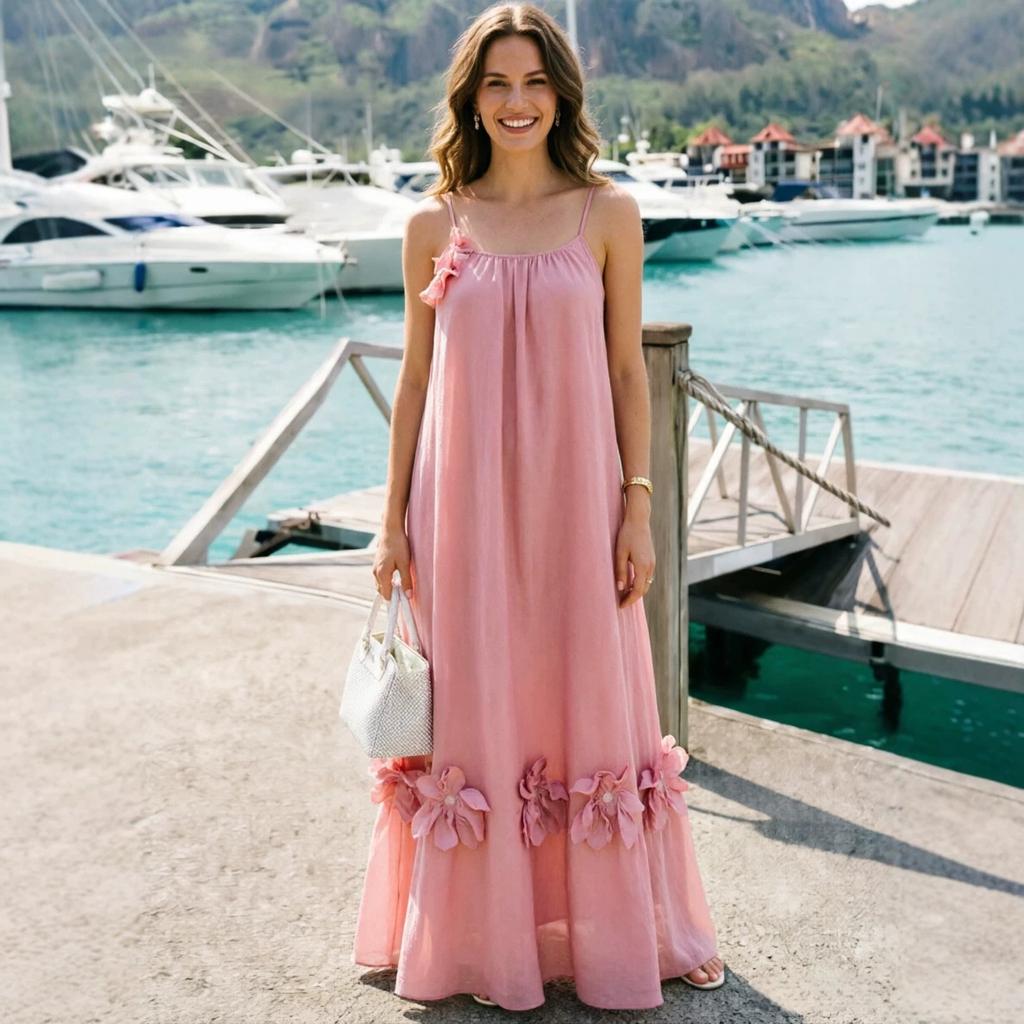 European and American Cross-border New Women's Skirt Fashionable Three-dimensional Flower French Casual Loose Suspender Long Dress Dress