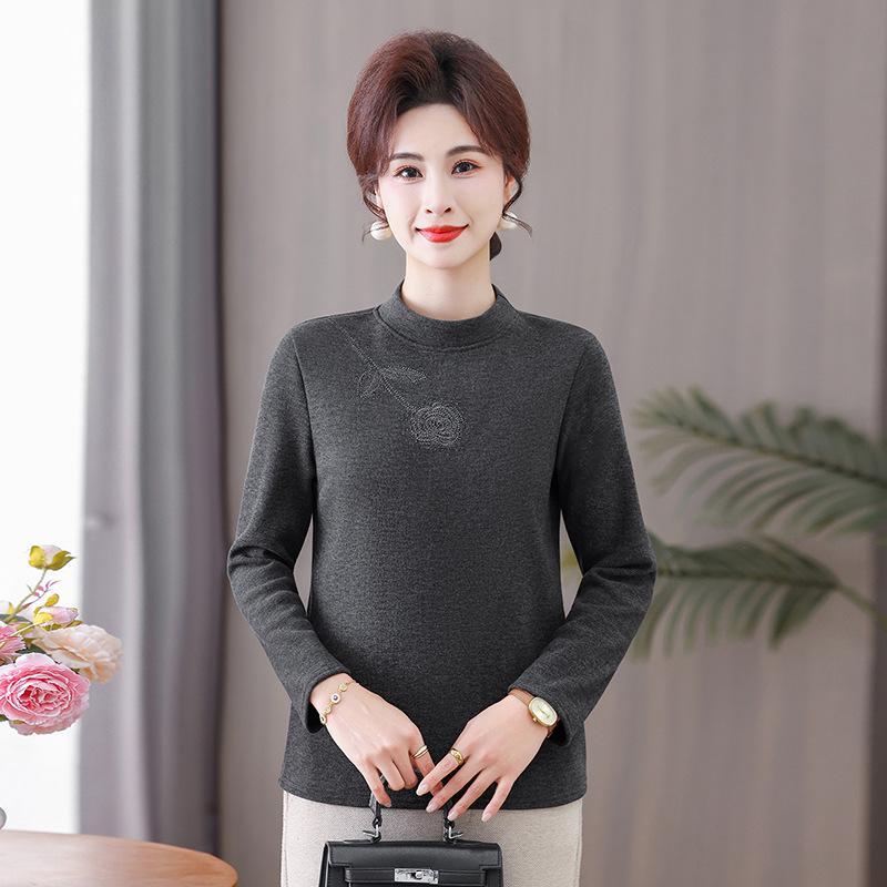 Women's Long-Sleeve Velvet-Lined Warm T-shirt for Middle-Aged & Elderly - Autumn/Winter Layer