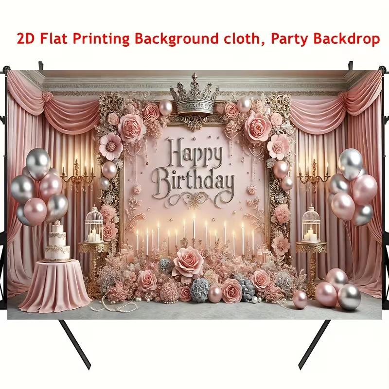 2D Luxury Pink Rose & Crown Happy Birthday Photography Background Banner