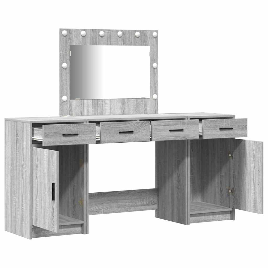 Makeup Table with Mirror Lighting 3 pcs Grey Particleboard