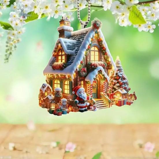 Christmas Ornament Snowy Village House Pendant 2D Flat Acrylic Log Cabin Hanging Decoration for Home Car Tree Decor