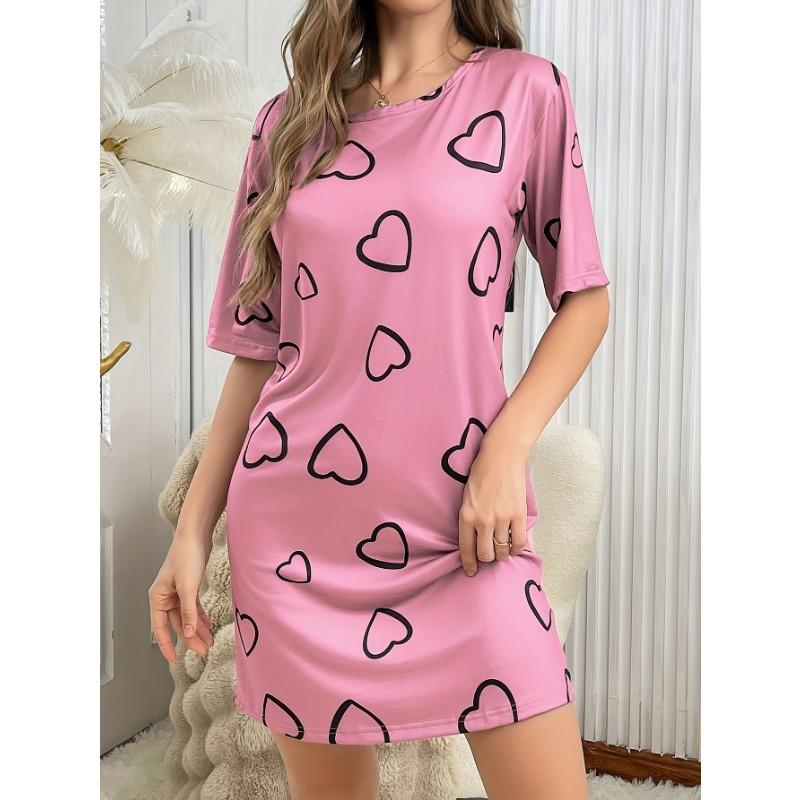 Elegant Short-sleeved Nightgown with Heart Print