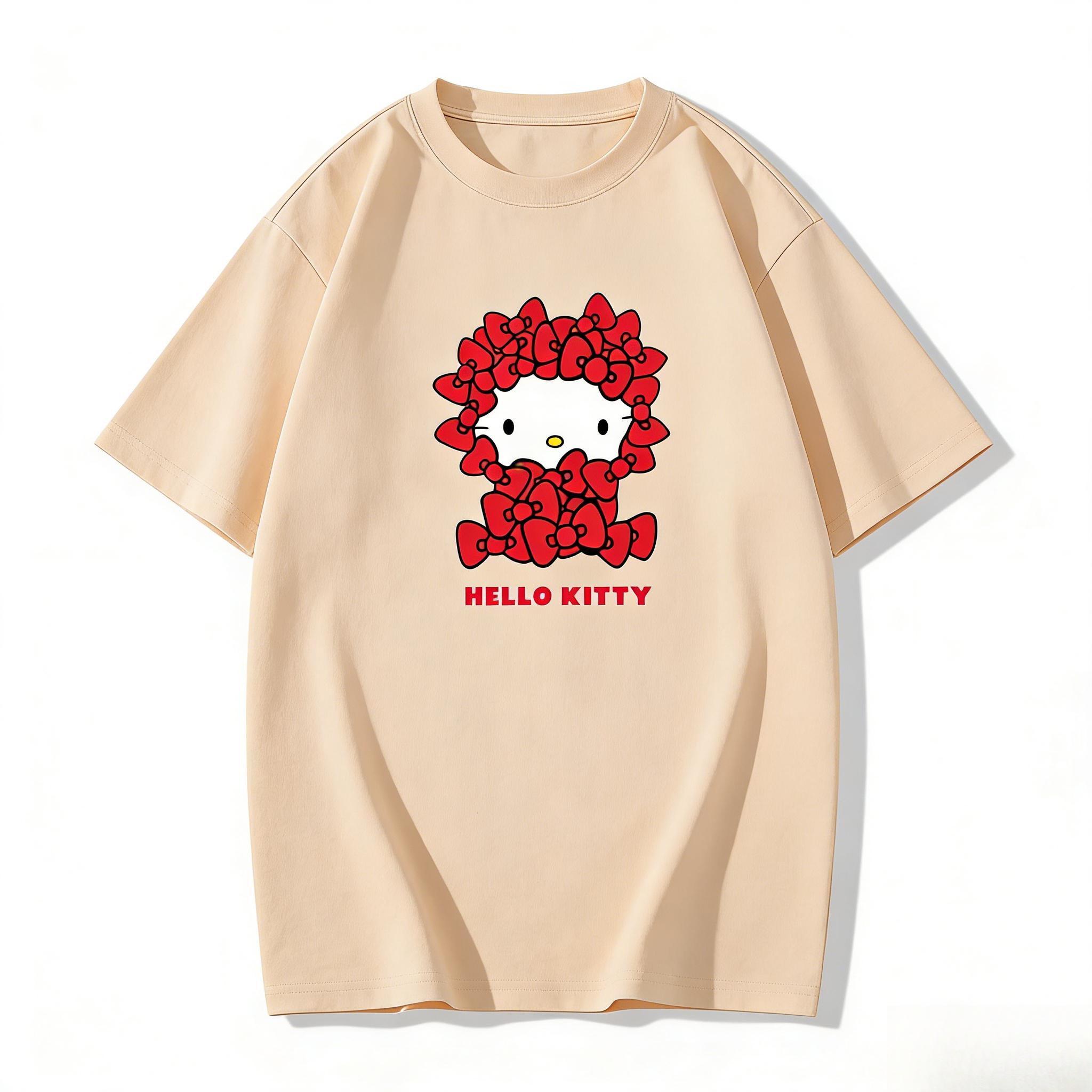 

2026 новая футболка Hello Kitty из мягкого хлопка с коротким рукавом и круглым вырезом, милый принт, легкий летний топ для женщин, повседневная одежда S