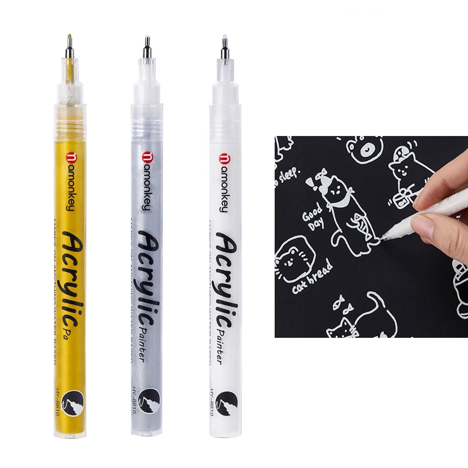 

White Pen Extra Fine and Fabric for and Metal 3-Piece Set, 0.5mm Point, Gold, Silver, White, Water-Based, Markers, White, Illustrations, Handwriting,