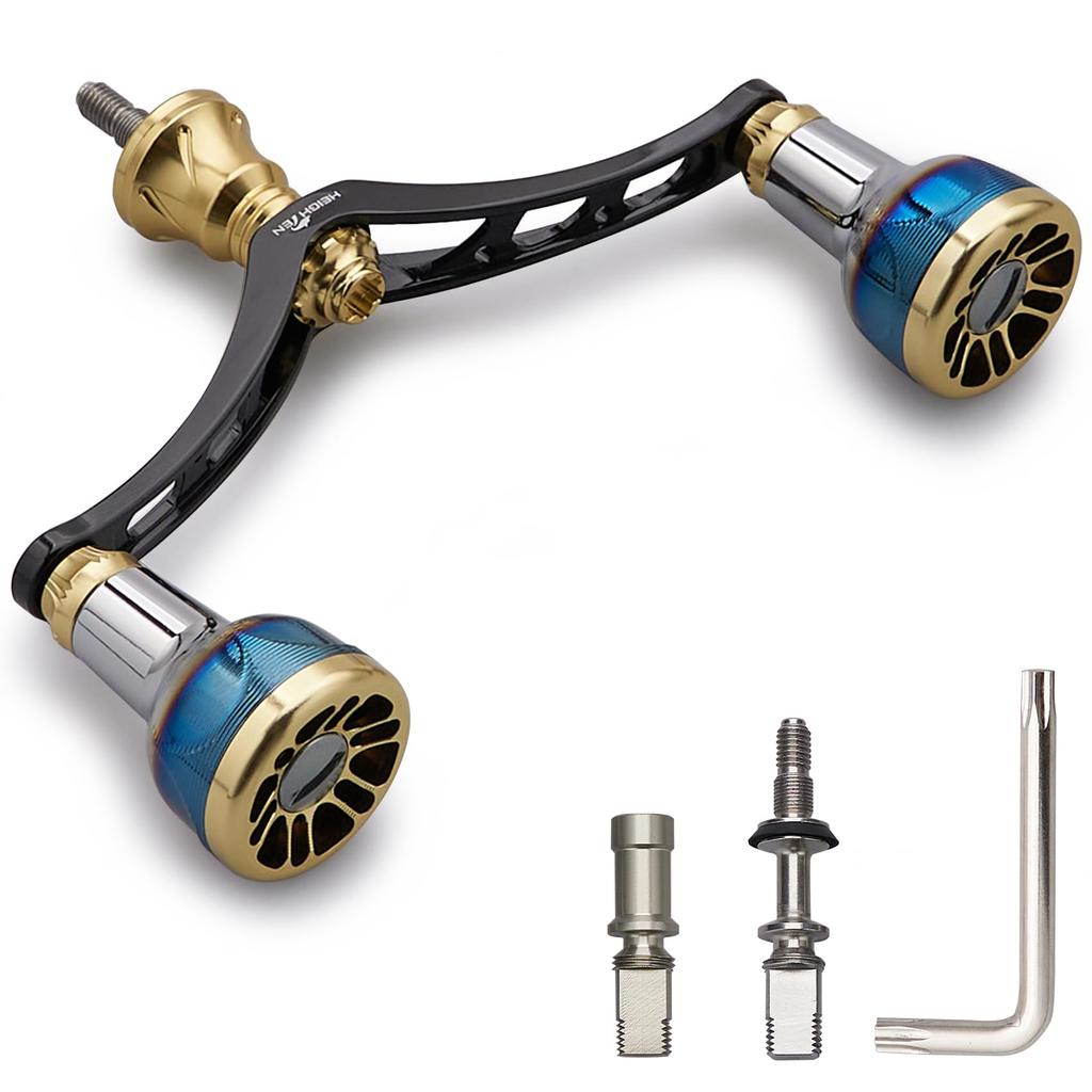 HEIGHTEN Reel Handle with Compatible with Shimano and Daiwa Spinning Arch Engine Series Finish Black 98/110mm 24.5mm Knob, Reels, (Burnt - & Gold,
