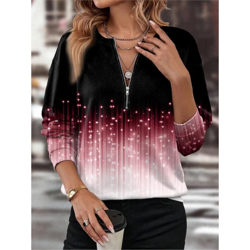 T-shirt Top Mode Imprimé pour Femme Haut Décontracté Col en V Manches Longues Fermeture Éclair Pull T-shirts Hauts Pour Femmes Vacances Bureau Vêtements pour Femmes Nouveau