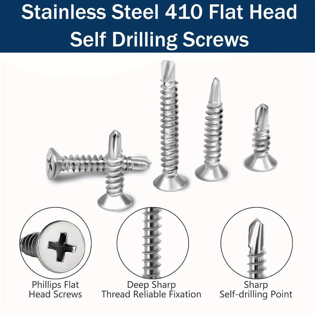 Zestaw wkrętów samogwintujących samowiercących z łbem krzyżowym stożkowym ze stali nierdzewnej 410, z gwintem jaskółczy ogon, 215 sztuk w pudełku, wkręty samowiercące