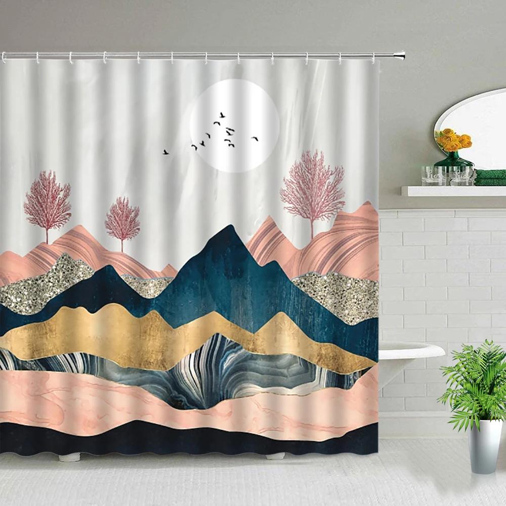 

Modern Chinese Style Pink Mountain Peak Scenery Shower Curtains Ink Painting Forest Landscape Bath Screen Background Wall Decor W60H190(CM)-1 Pcs
