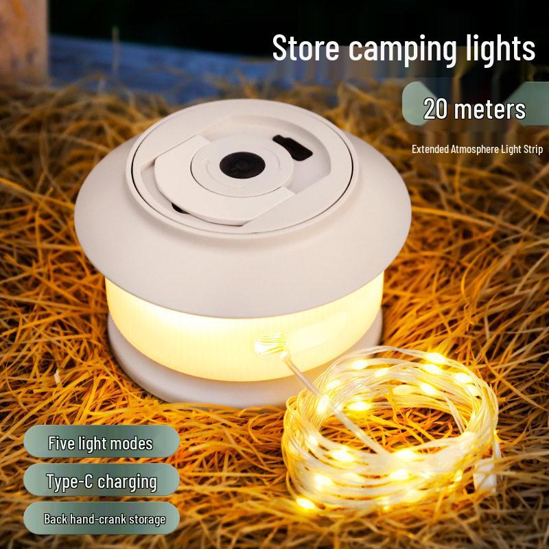 Rechargeable Outdoor Camping LED String Lights with Measuring Tape and Gas Atmosphere Lighting, Long Battery Life, Wind-Resistant Hanging Tent Rope.