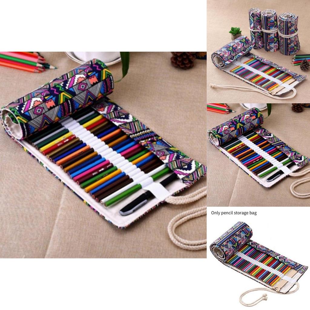 Ethnic Style Colored Geometric Pattern Pencil Canvas Storage Bag For Creative Professionals
