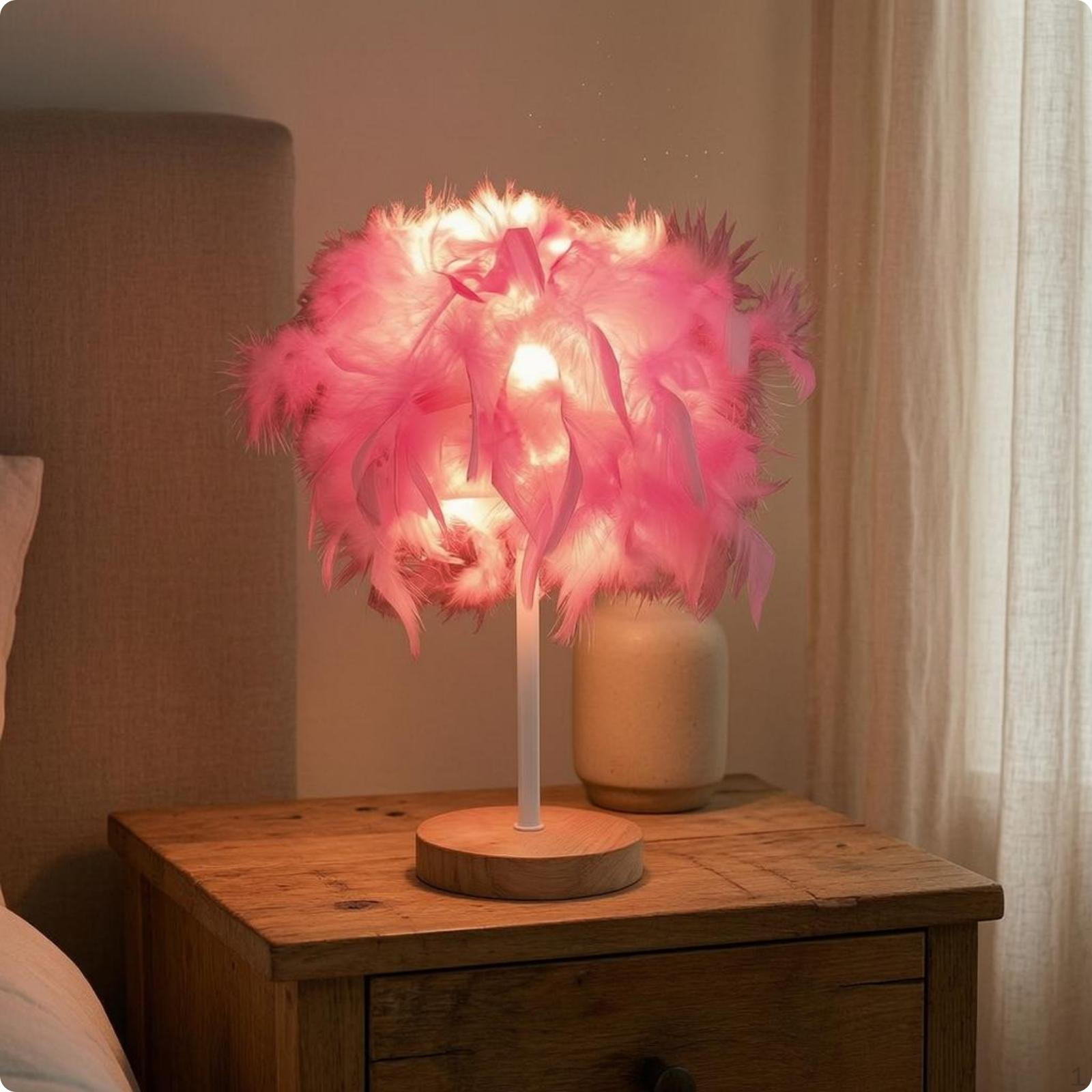 Feather Table Lamp Decorative Bedside Corded House Lighting for Tabletop Pink Wood Usb