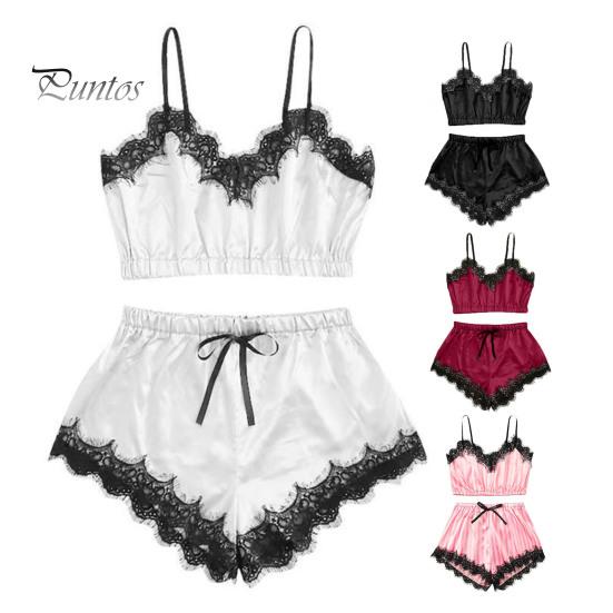 Dámský dvoudílný pyžamový set Krajkový lem Výstřih do V Cami Crop Top Šortky s elastickým pasem Ležérní bez rukávů Noční oblečení Lounge set