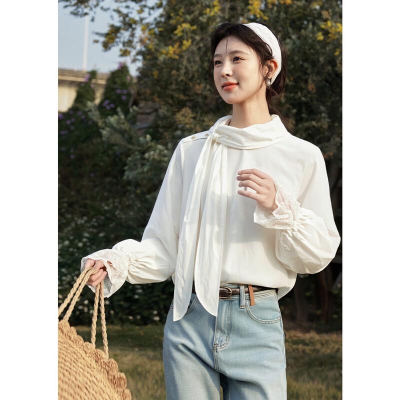 Women s Elegant Ribbon Collar Lace Blouse S