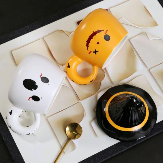 Ghost Pattern Ceramic Cup with Elf Hat Lid Halloween Theme Handmade Artwork Mug Daily Use Halloween Drinkware