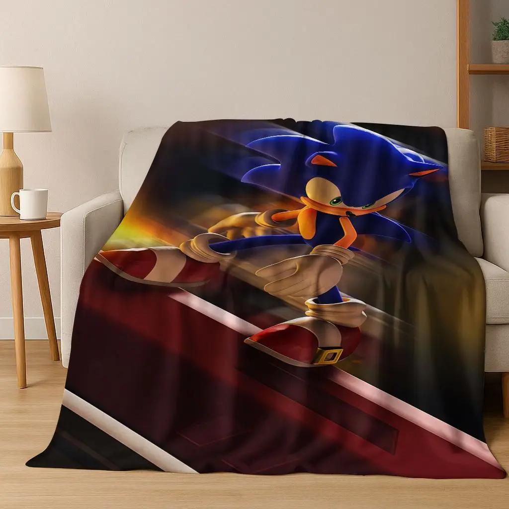 Classic S-Sonic Game Cartoon Hedgehog Flannel Blanket Soft Warm Throw Blanket for Bed Bedroom Room Living Room Travel Picnic Kid