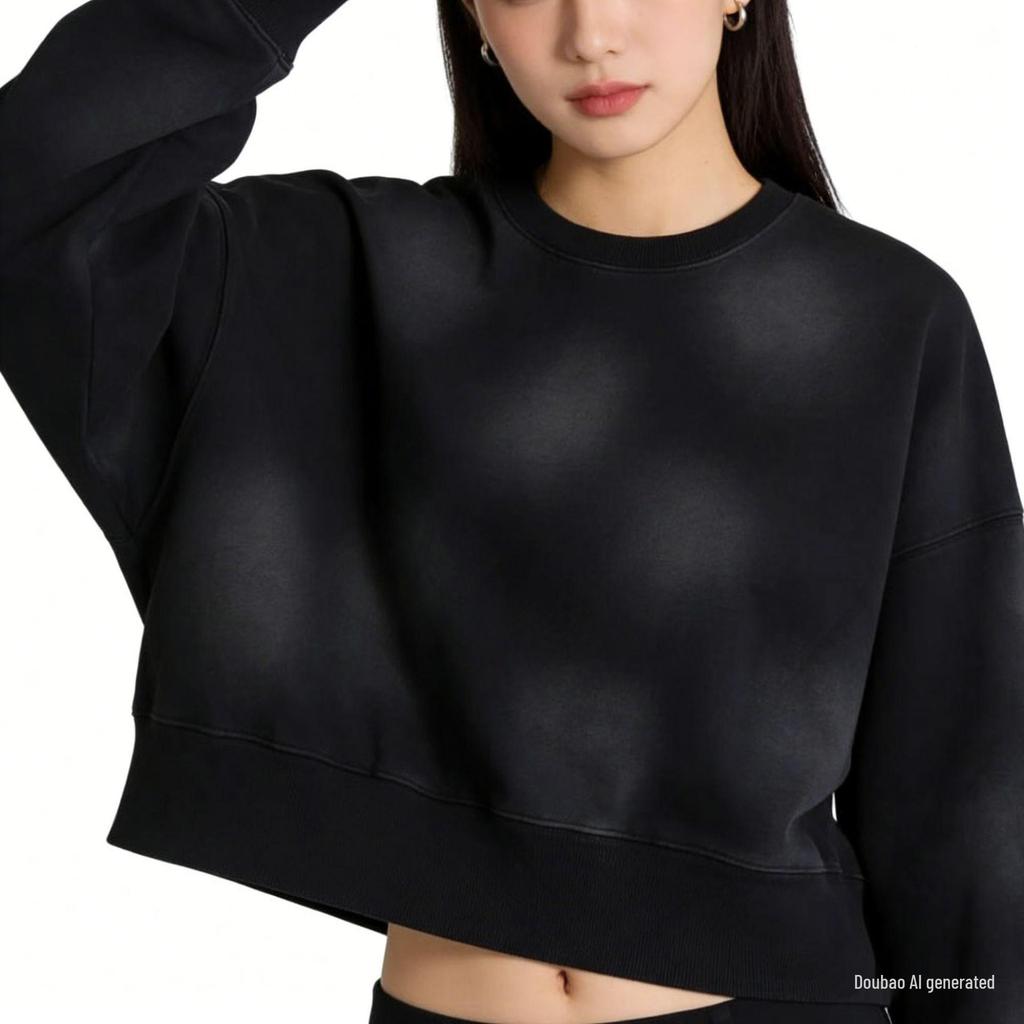 Heavyweight Vintage Spray-Painted Monkey Sweatshirt: Women's Cropped, Retro Drop Shoulder, European & American Hot Girl Casual Style