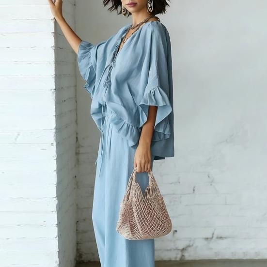 Conjuntos de Verano de 2 Piezas para Mujer, Top con Volantes de Media Manga y Cuello en V a Juego con Pantalones de Pierna Ancha, Conjuntos de Salón para Vacaciones con Bolsillos
