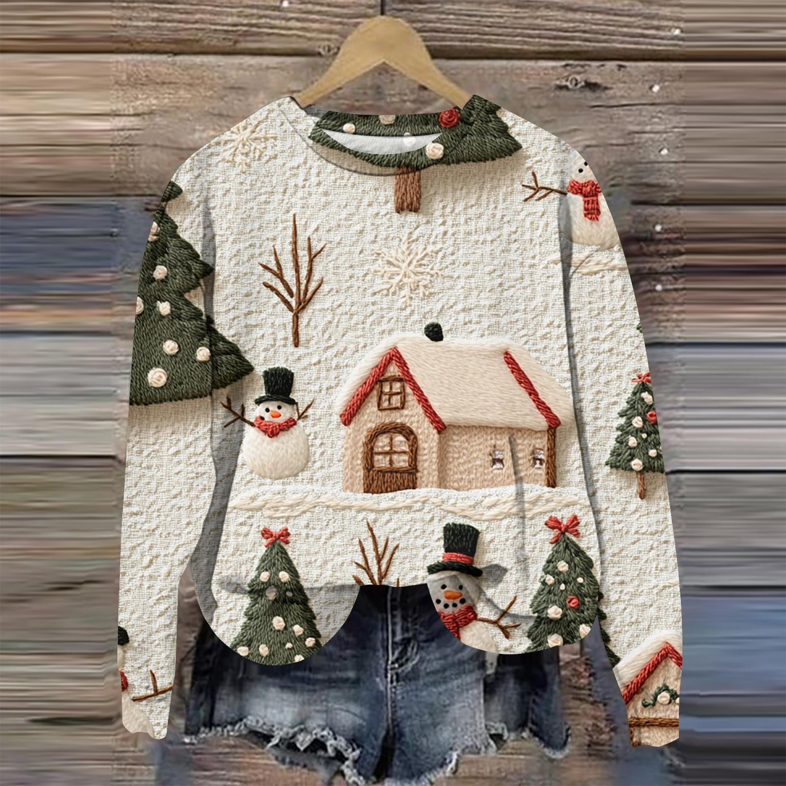 

Женская мода круглый вырез пуловер длинный рукав футболка рождественский принт топ L бежевый