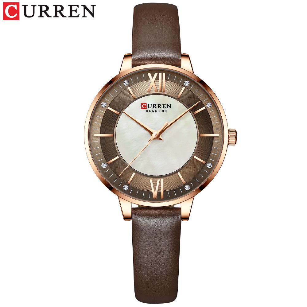 CURREN 9080 Damen Ultraflache Perlmutt Zifferblatt Wasserdichte Uhr mit Lederarmband