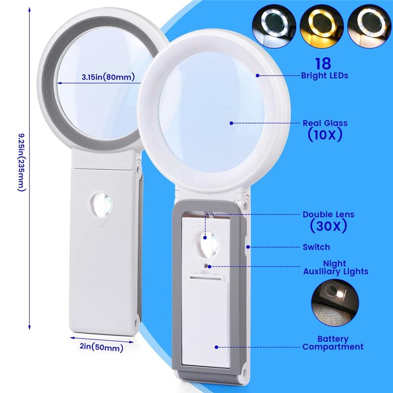 Foldable Handheld Magnifying Lens 30x 40x With 18 Led Light For Seniors Reading Coins Close-up Work