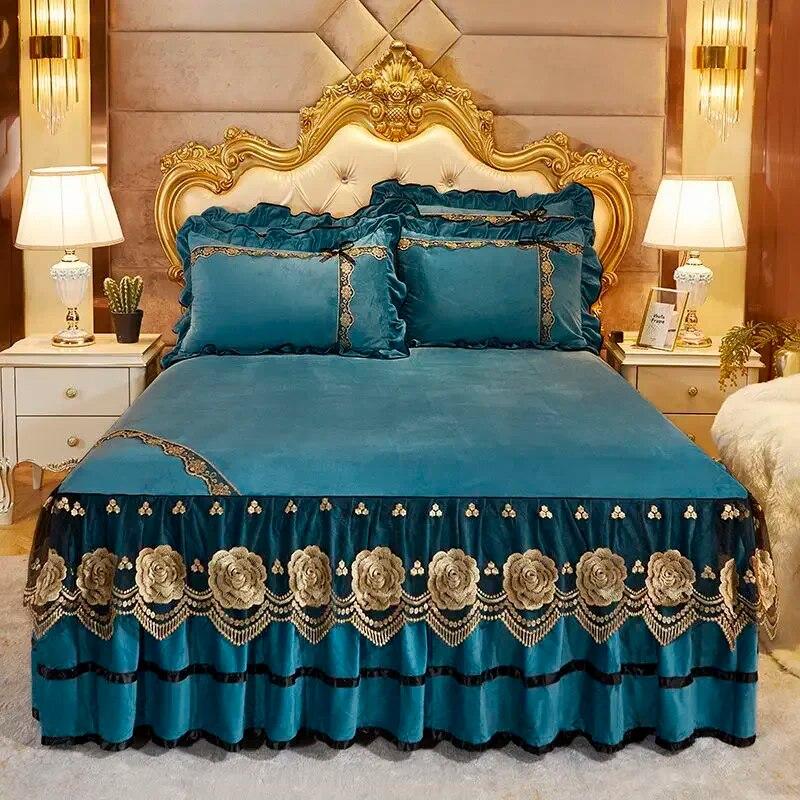 Luksusowe narzuty na łóżka, modne spódnice na łóżka, Queen King Size, dekoracja domu, kryształowe hafty, aksamitna narzuta na łóżko z poszewkami na poduszki