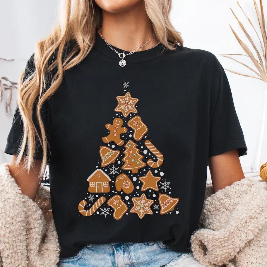 Christmas gingerbread print holiday party Womens short sleeved round neck casual Tshirt fashionable Womens Tshirt S
