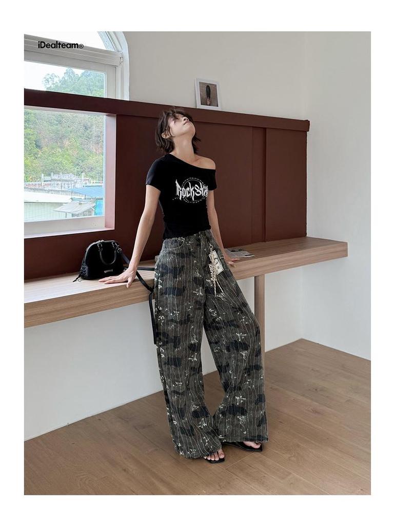 INSS 2026 Spring Women's Slimming Straight Leg Retro Camouflage Water Ripple Jeans