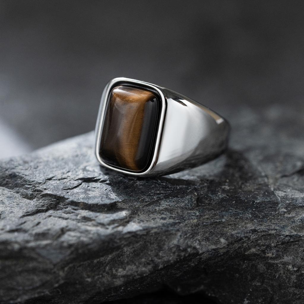Retro Fashion Personality Luxurious Natural Tiger Eye Stone Ring. Casual Business Style Unisex Ring. 316L Stainless Steel